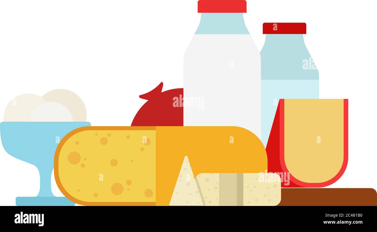 Stücke von Käse, Eiskugeln und Milchflaschen Vektor flach isoliert Stock Vektor