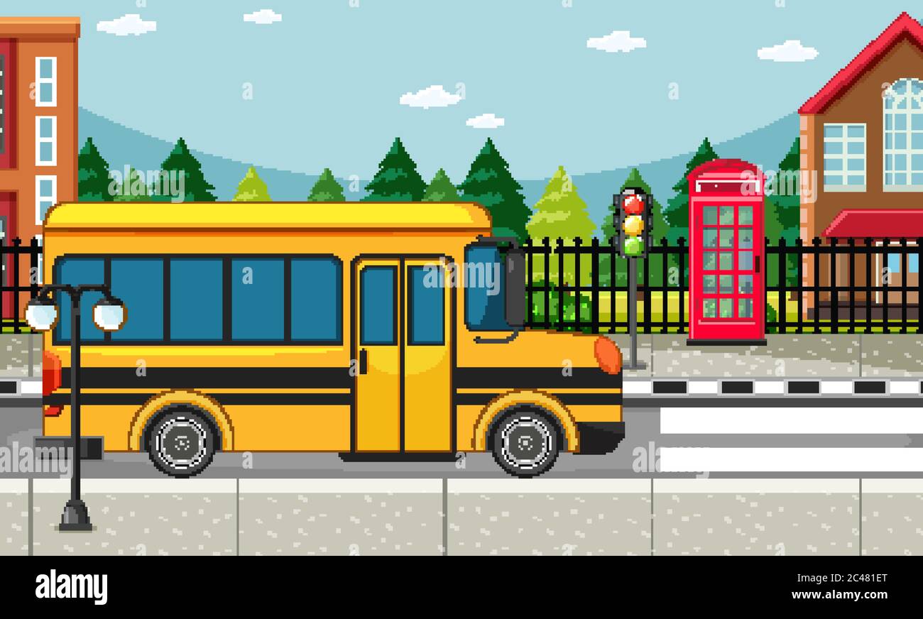 Straßenszene mit Schulbus auf der Straßenszene Illustration Stock Vektor