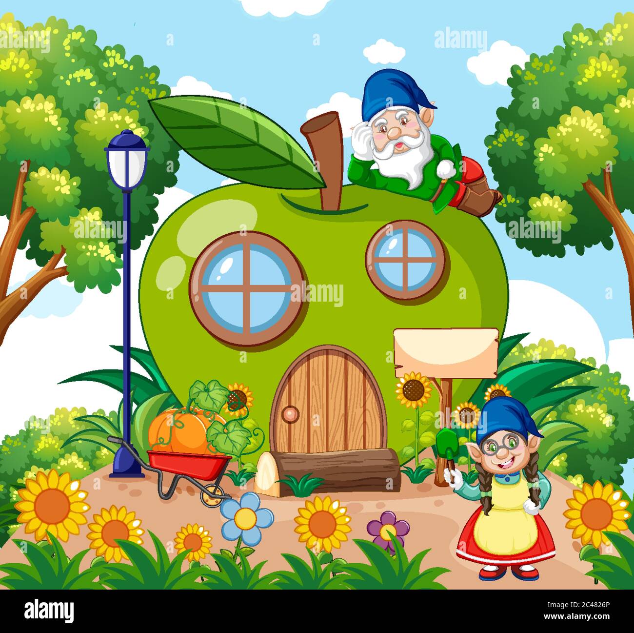Gnome Und Grunen Apfelhaus Und Im Garten Cartoon Stil Auf Himmel Hintergrund Illustration Stock Vektorgrafik Alamy