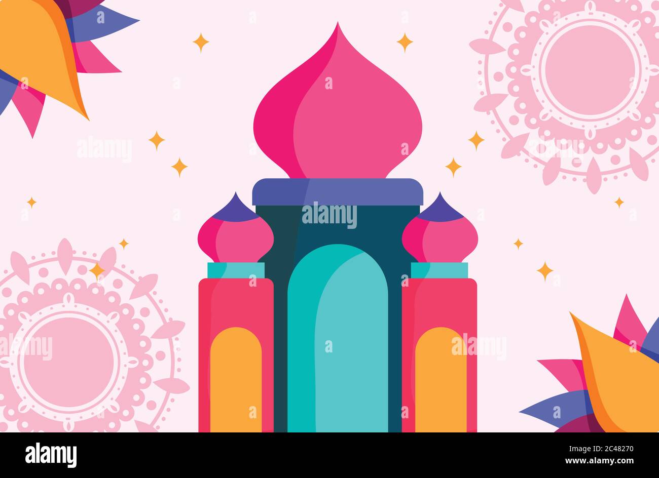 Happy Independence Day indien, farbige taj mahal und Blumen mit Mandalas Hintergrund Vektor Illustration Stock Vektor
