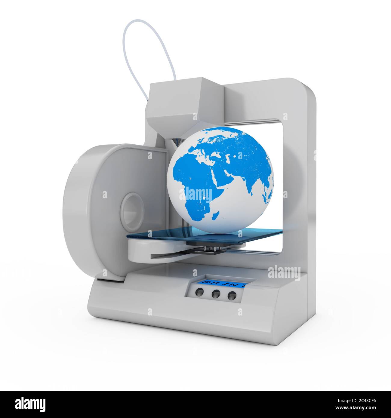 Moderner 3D-Drucker für Zuhause: Erdkugel auf weißem Hintergrund. 3d-Rendering Stockfoto