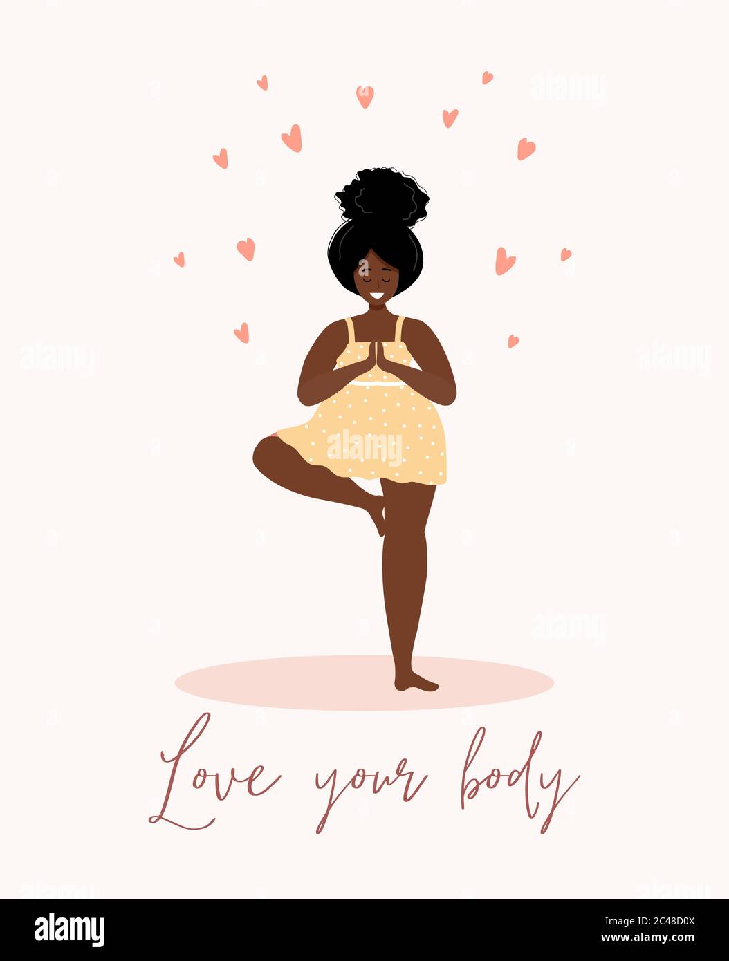 Liebe dich selbst. Liebe dein Körperkonzept. Nehmen Sie sich Zeit für sich selbst. Ruhige afrikanische Frau in Kleid mit Herzen auf weißem Hintergrund. Pastell niedlichen weichen Farben Stock Vektor