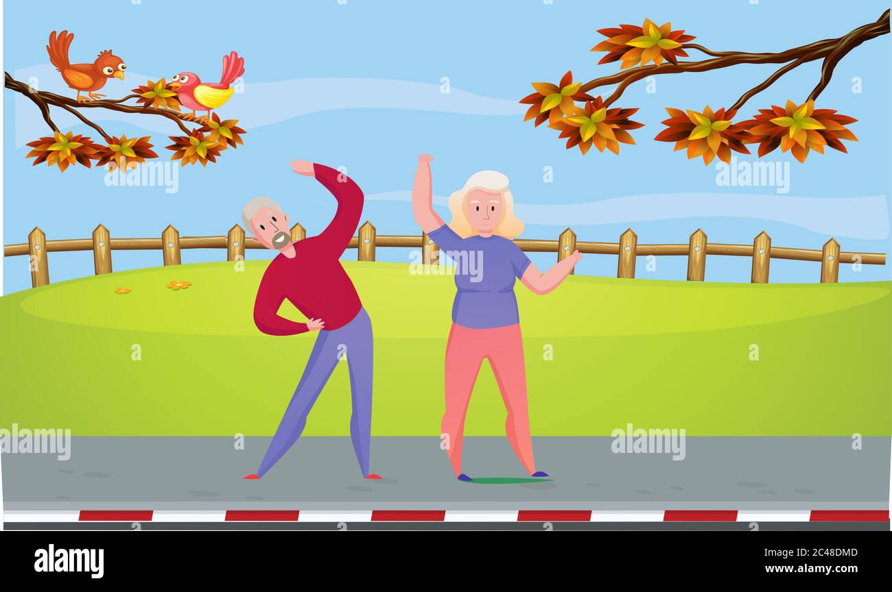 Das alte Paar macht Übungen im Garten Stock Vektor