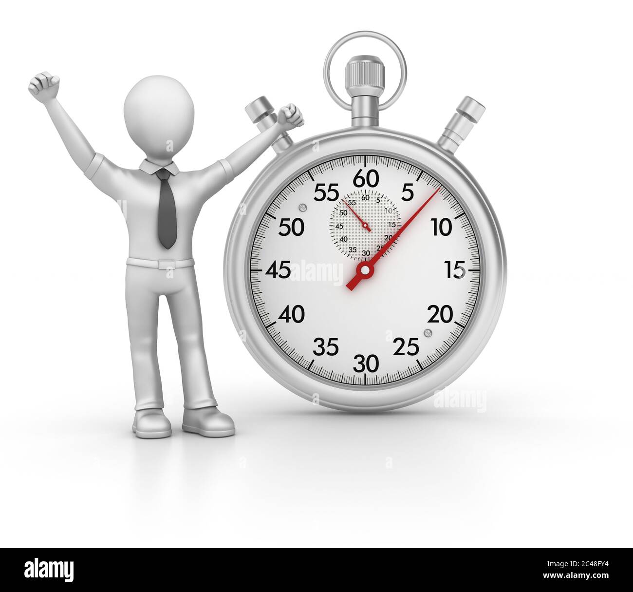 3D-Rendering-Darstellung einer Stoppuhr und eines Personensymbols Isoliert auf weißem Hintergrund Stockfoto