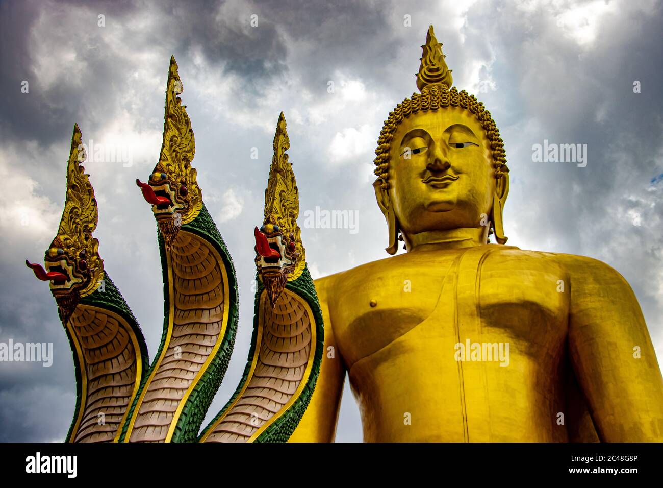 Die Naga und large​ golden​ sitting​ Buddha​ statue​ at​ Wat​ Muang​ temple​ located​ Ang​ Thong und Ayutthaya.​ Stockfoto