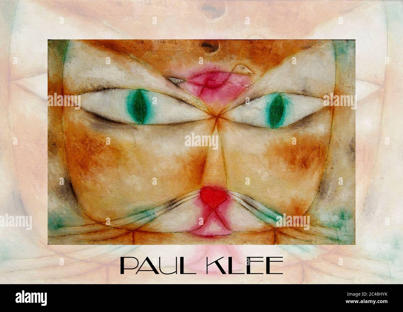 Nachbearbeitung eines der beliebtesten Kunstwerke Paul Klees. Katze und Vogel mit einem Kopierraum umgeben. Stockfoto
