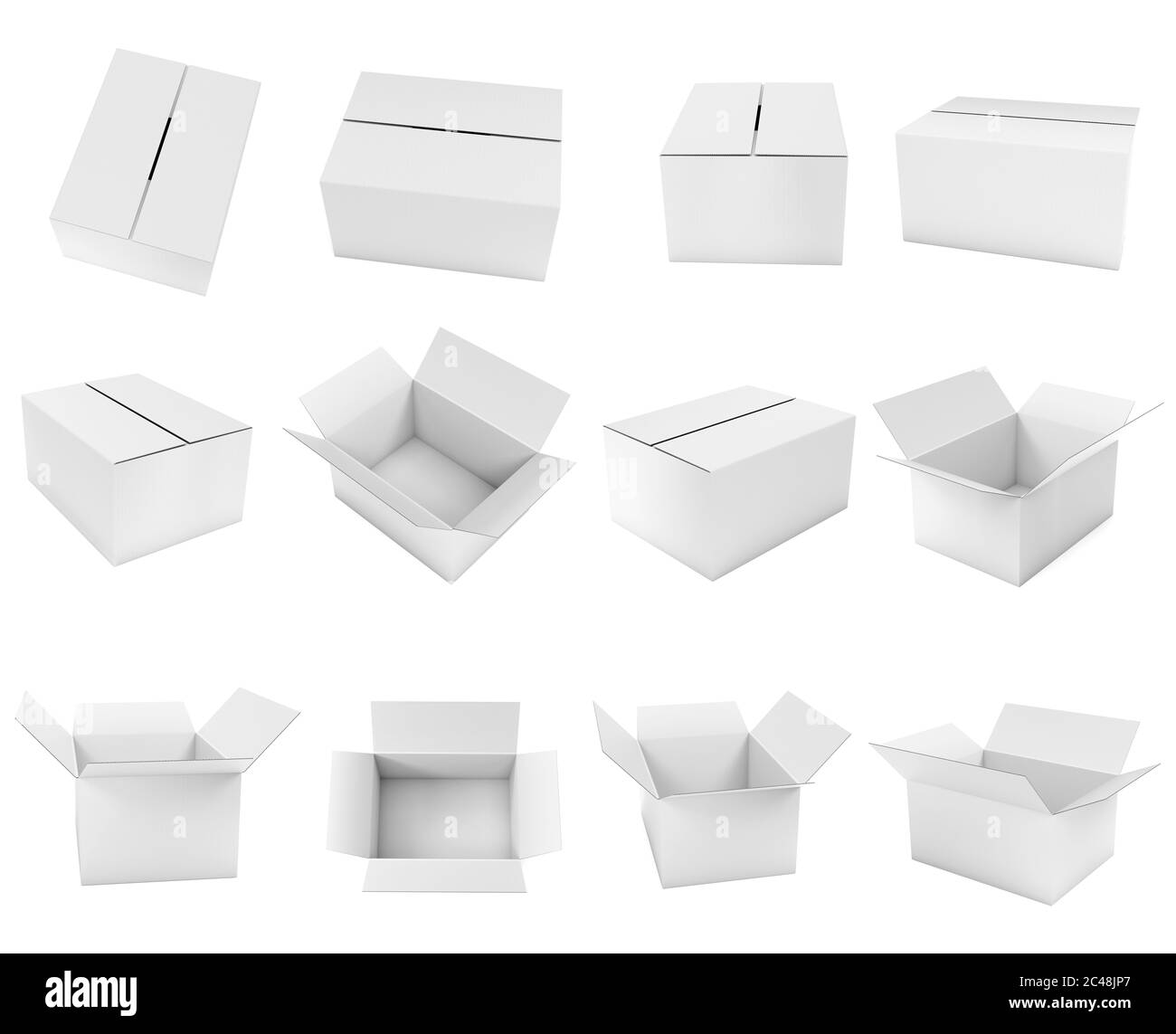 Weißes Feld. Kartons Set aus offenen und geschlossenen Kartons. 3d-Rendering-Illustration isoliert Stockfoto