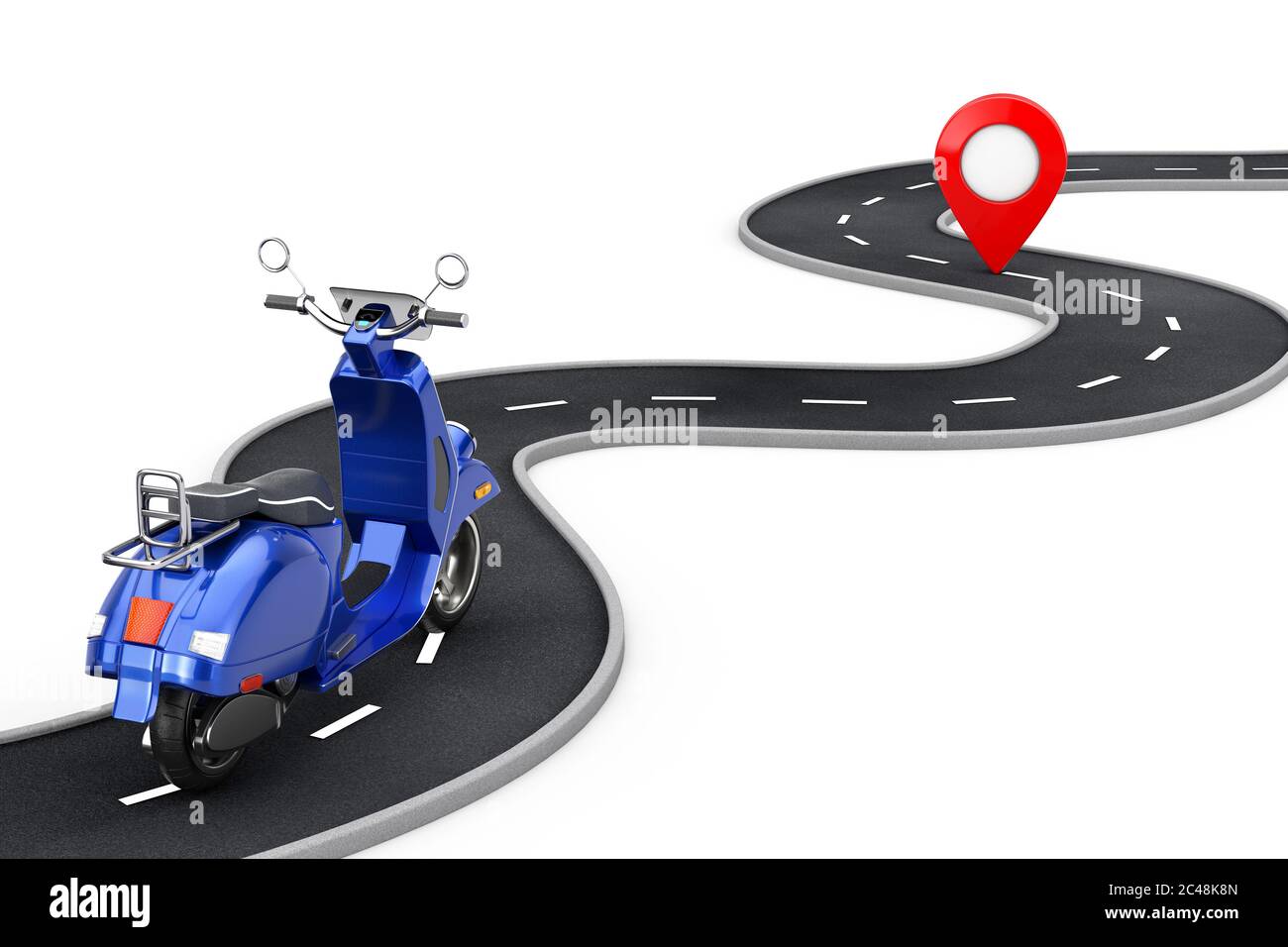 Blue Classic Vintage Retro oder Elektro-Scooter Folgen Sie über kurvenreiche Straße zum Ziel Red Pin Target Pointer am Ende der Straße auf weißem Hintergrund Stockfoto
