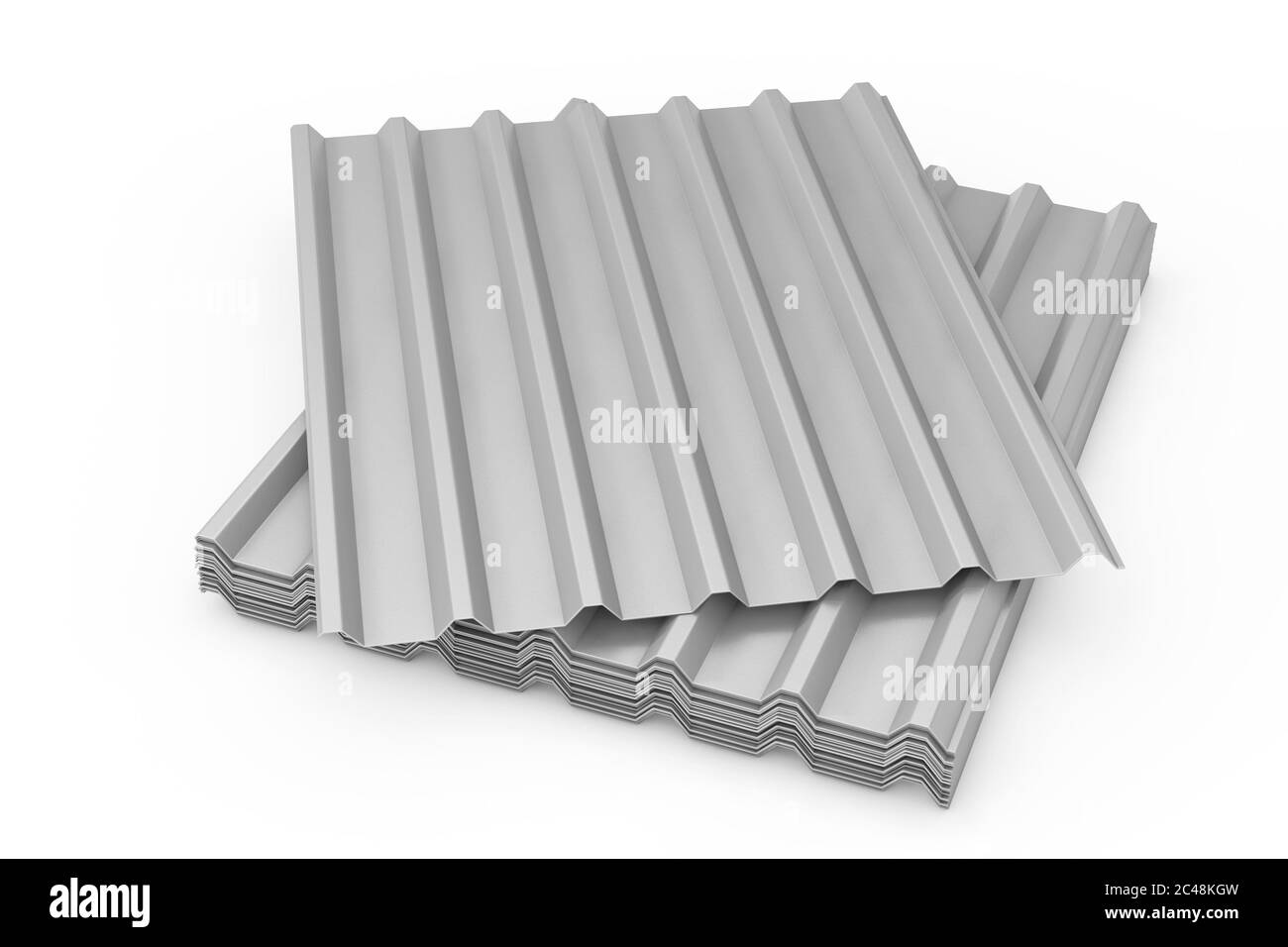Bleche für Dacheindeckung auf weißem Hintergrund, 3D-Rendering