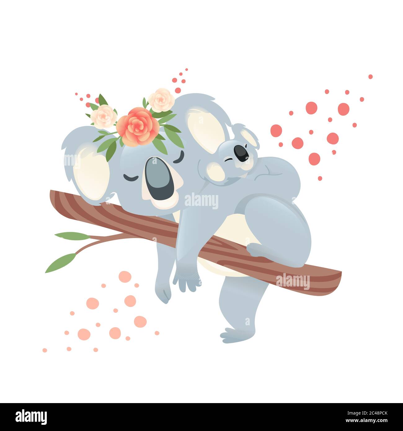 Nette Koala Familie Mutter mit Kindern schlafen auf Baum Zweig Cartoon Tier Design flache Vektor-Illustration isoliert auf weißem Hintergrund Stock Vektor