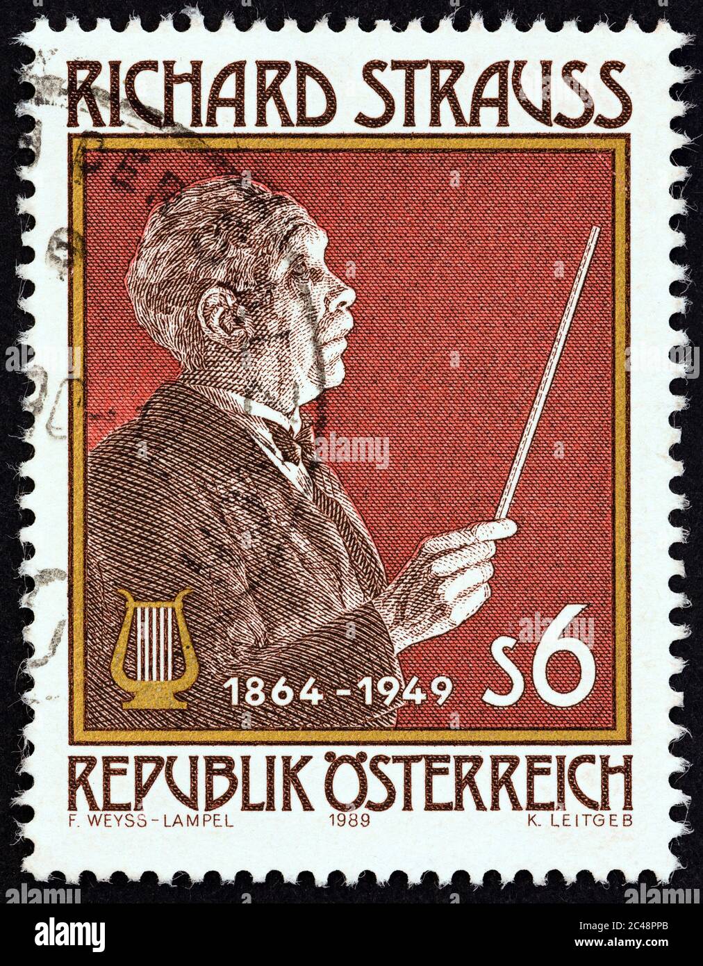 ÖSTERREICH - UM 1989: Eine in Österreich gedruckte Briefmarke zum 125. Geburtstag von Richard Strauss zeigt Richard Strauss (Komponist) Stockfoto