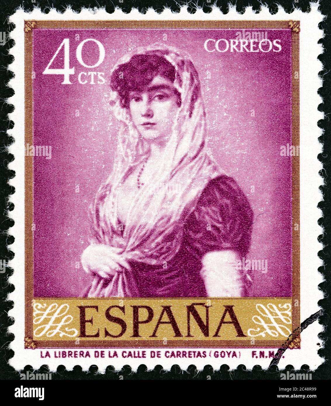 SPANIEN - UM 1958: Eine in Spanien gedruckte Briefmarke zeigt die Frau des Buchhändlers (Francisco Goya), um 1958. Stockfoto