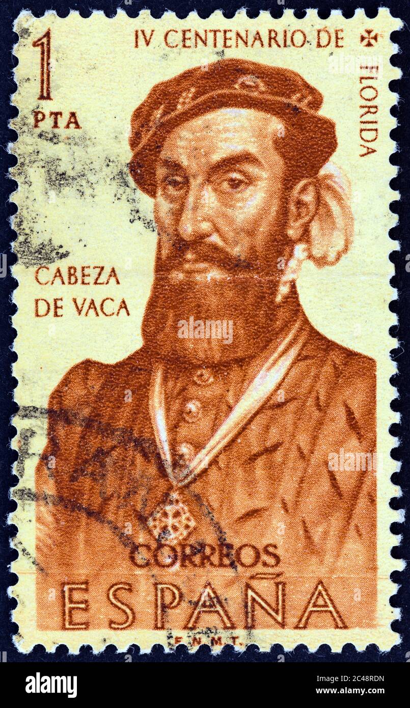 SPANIEN - UM 1960: Eine in Spanien gedruckte Briefmarke zeigt die Entdecker Cabeza de Vaca, um 1960. Stockfoto