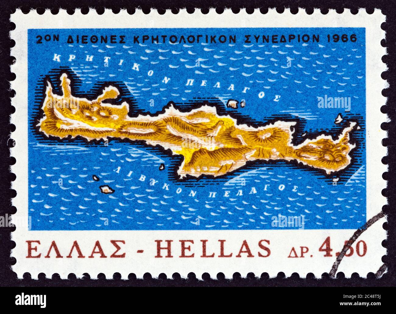 GRIECHENLAND - UM 1966: Eine in Griechenland gedruckte Briefmarke aus der Ausgabe '100 Jahre kretischer Aufstand' zeigt die Karte Kretas, um 1966. Stockfoto