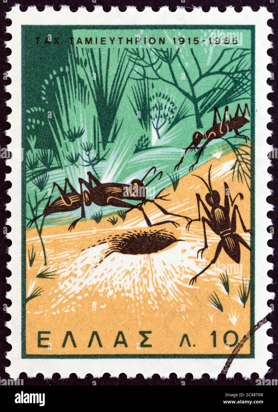 GRIECHENLAND - UM 1965: Eine in Griechenland gedruckte Briefmarke aus der Ausgabe '50. Jahrestag der Sparkasse' zeigt Zimmermann Ants Stockfoto