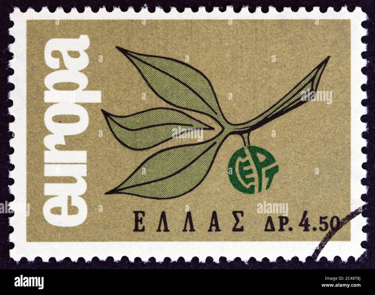 GRIECHENLAND - UM 1965: Eine in Griechenland gedruckte Briefmarke aus der 'Europa'-Ausgabe zeigt Europa Zweig, um 1965. Stockfoto