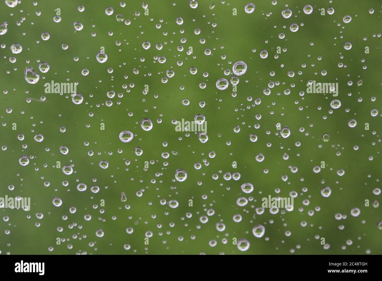 Regen fällt am Fenster vor einer grünen Landschaft Stockfoto