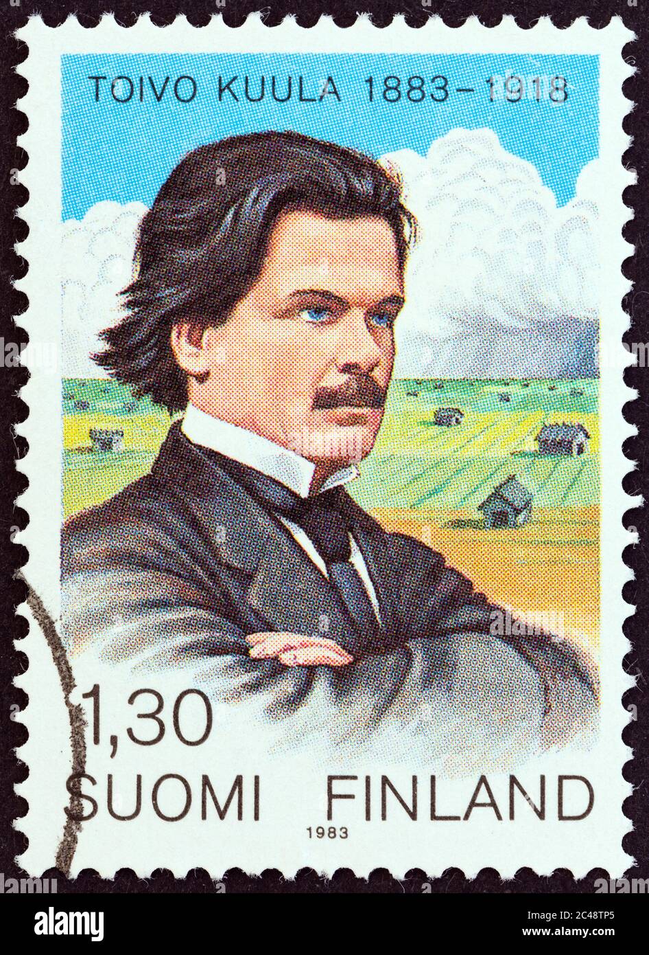 FINNLAND - UM 1983: Eine in Finnland gedruckte Briefmarke, die zum 100. Geburtstag von Toivo Kuula herausgegeben wurde, zeigt den Komponisten Toivo Kuula und Ostrobothnien. Stockfoto