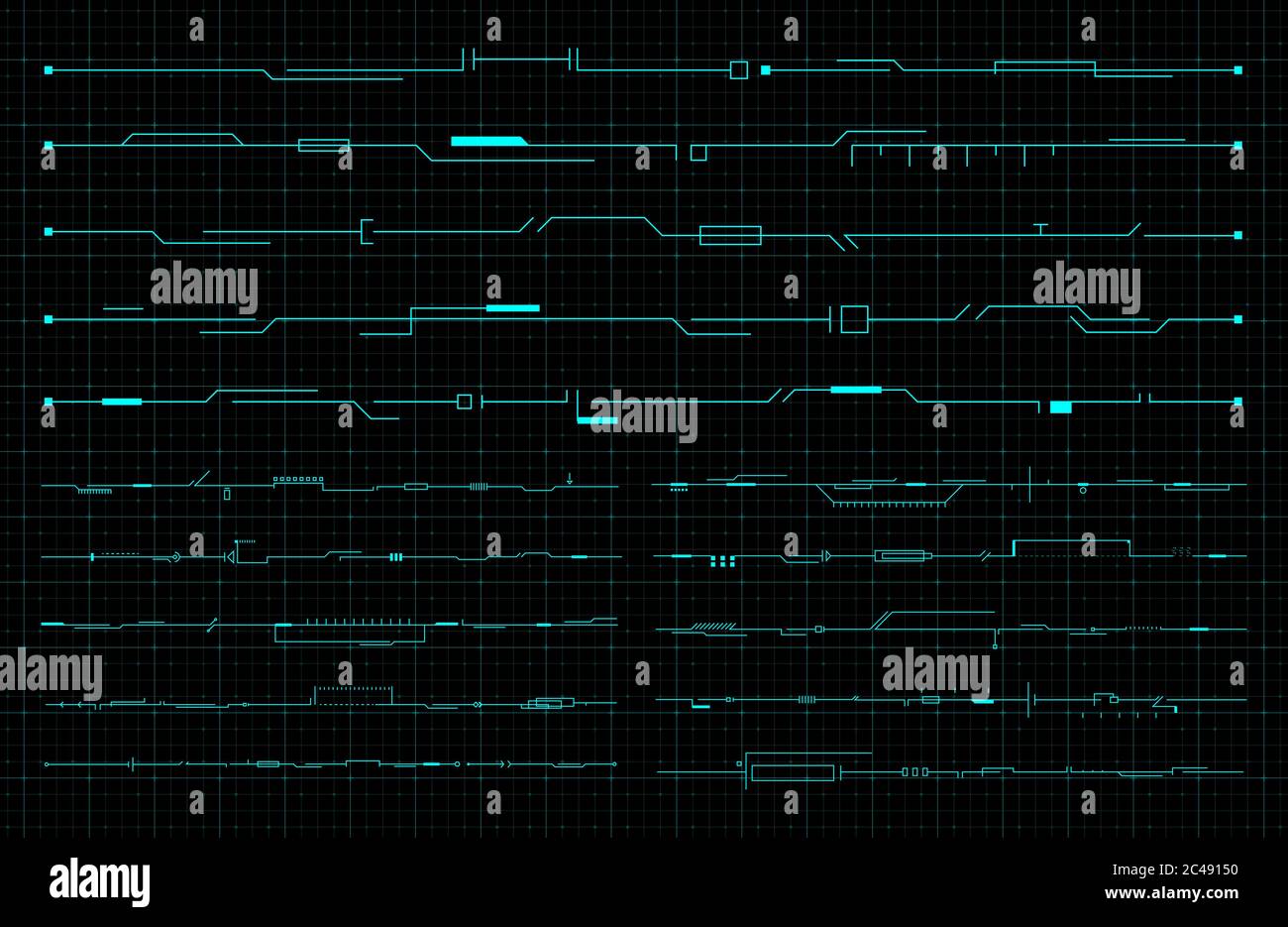 Set von HUD futuristischen Kopf-, Fußzeile und Linienelementen auf dunklem Hi-Tech Hintergrund. FUI Design Elemente für Web, Banner, Flyer, Musik-Event. Editierbar Stock Vektor