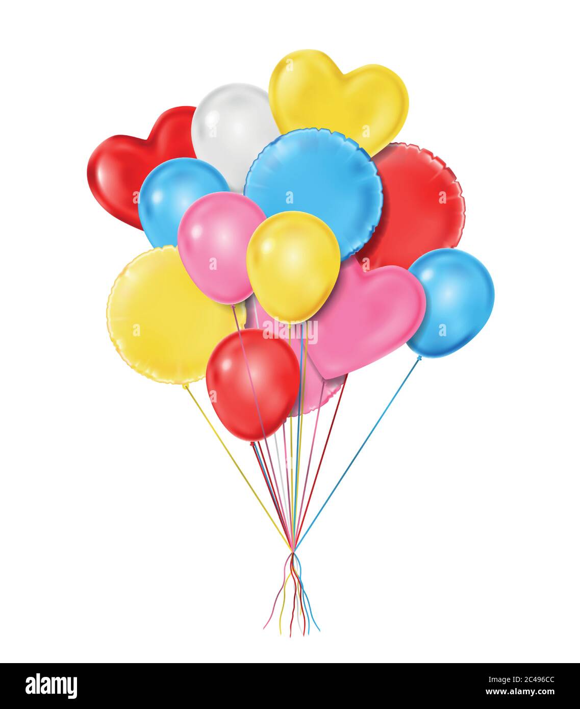 Fliegende realistische Glossy Ballons für Geburtstagsfeier und Feiern isoliert in Weiß. Realistische bunte geformte Ballons. Vektorgrafik Stock Vektor