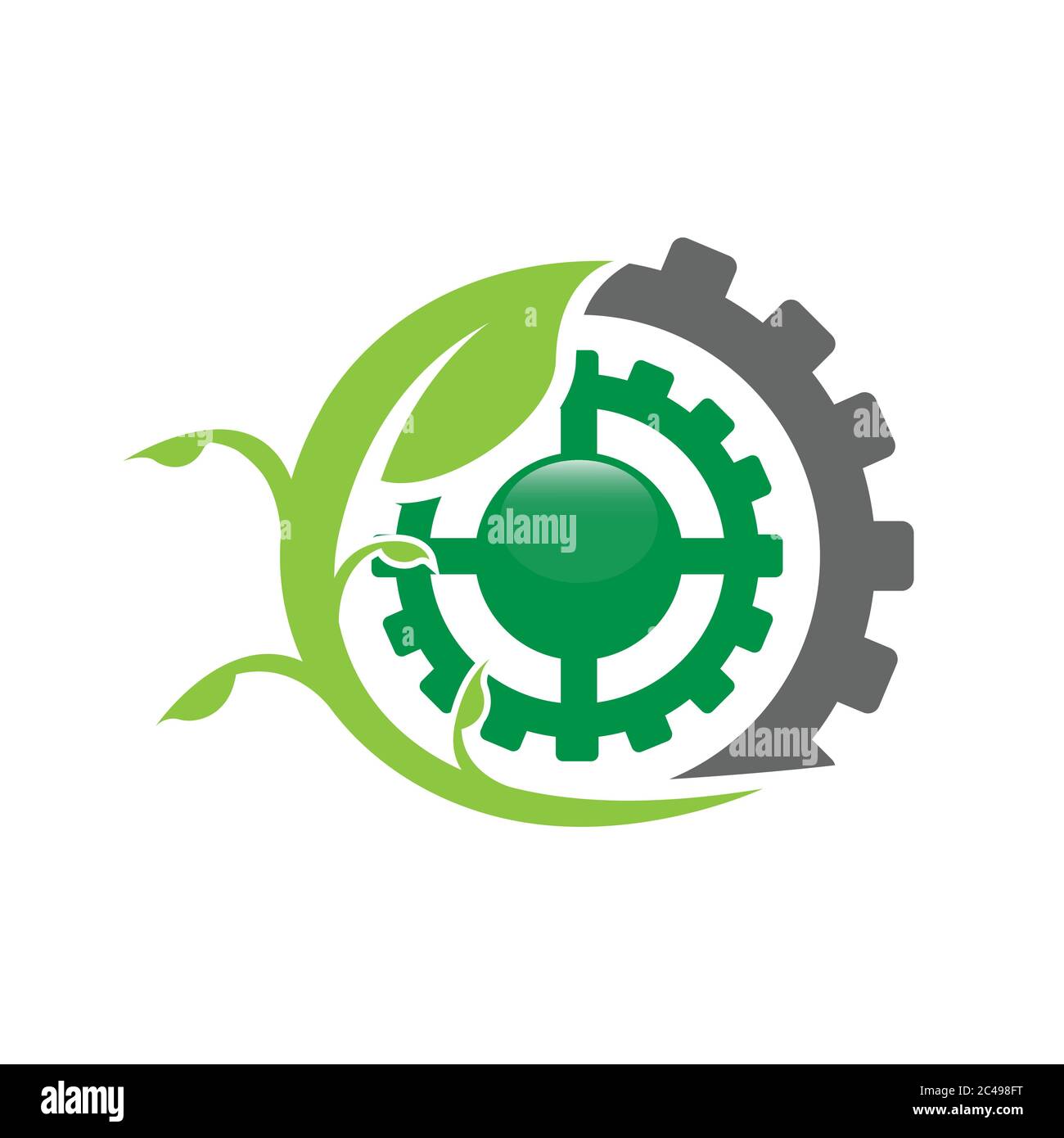 Eco Fabrik Logo Blatt mit Zahnrad Ökologie Design envitrontmental grüne Energie Design Vektor Logo Illustration Stock Vektor