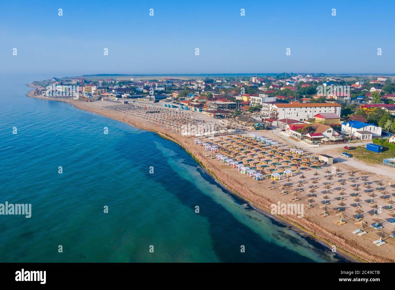 Vama Veche, Rumänien. Luftaufnahme des Strandes Vama Veche am Schwarzen Meer. Stockfoto