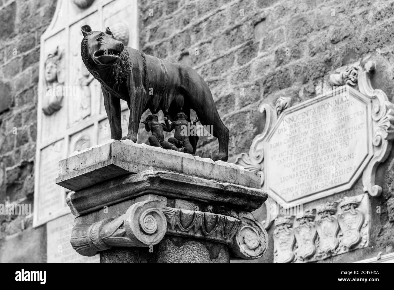 Kapitolinische Wolf, italienisch: Lupa Capitolina - Bronzeskulptur der Wolfskurfen Romulus und Remus, Kapitolinische Hügel, Rom, Italien. Schwarzweiß-Bild. Stockfoto