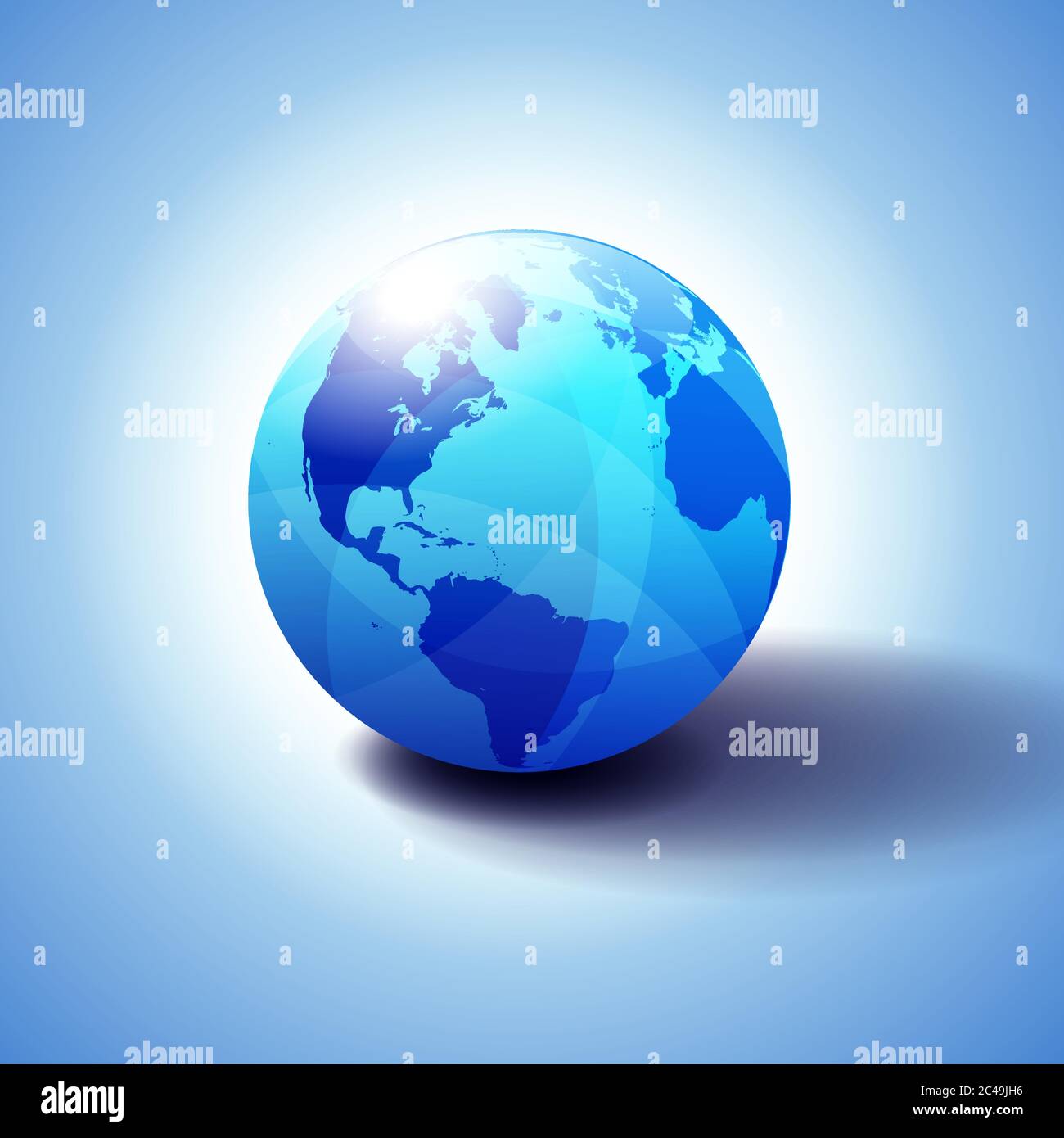 Nord- und Südamerika, Europa, Afrika Global World, Globe Icon 3D-Illustration, glänzende Kugel mit Global Map in subtilen Blues, die einen transp Stock Vektor