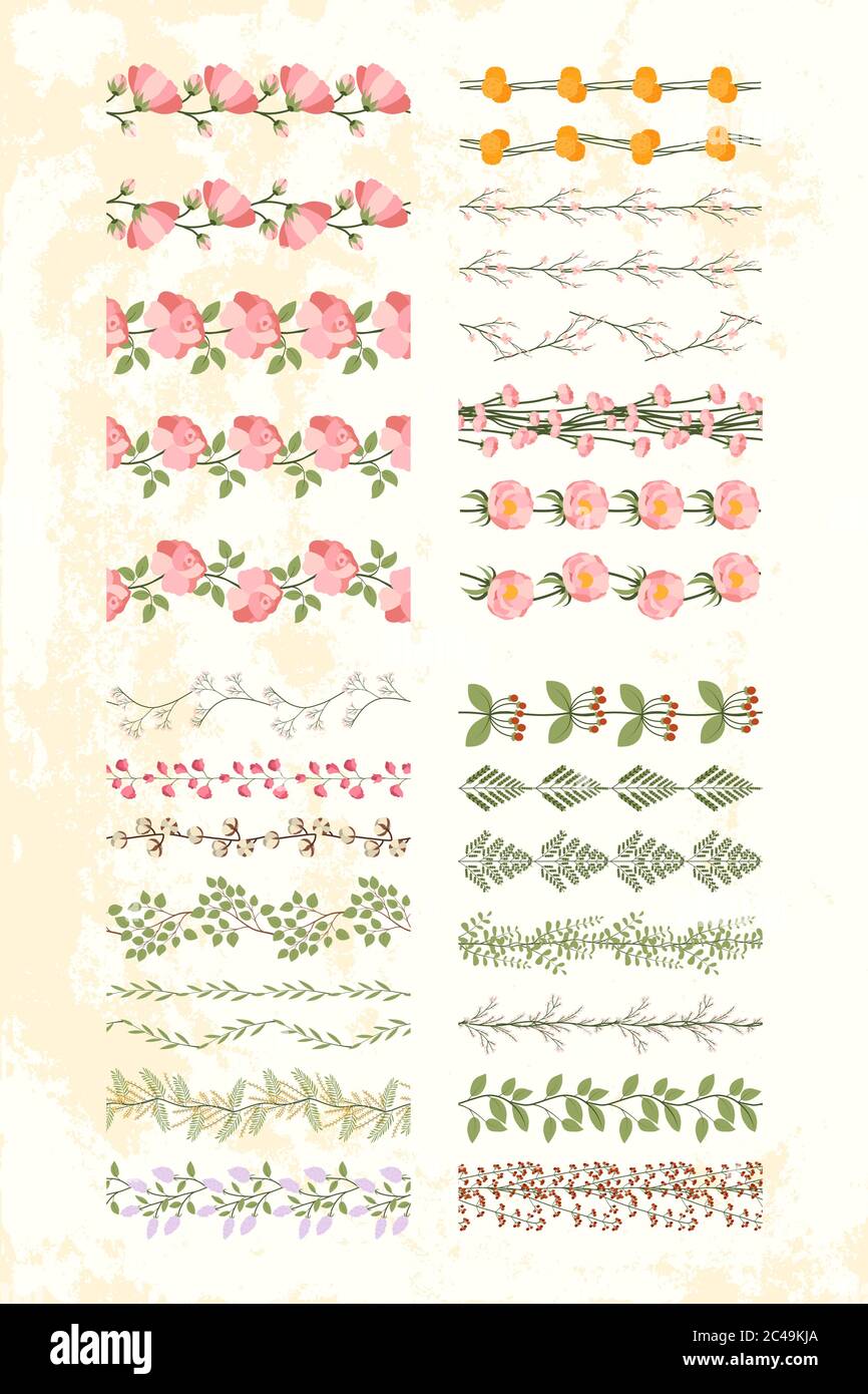 Große Reihe von botanischen Wiederholungsrahmen. Vintage Muster Design mit Rose, gelbem Löwenzahn, Blattzweig, Fliederblüte, Kirschblüte, süßer Erbse, Farn, rosa Pfingstrose für Band, Papier, Textil, Postkarte. Stock Vektor