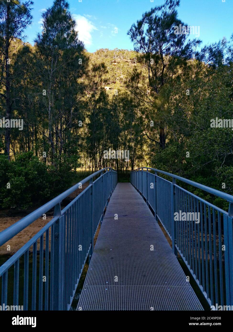 Fußgängerbrücke über Calna Creek, Crosslands Reserve, Berowra Valley National Park, Australien Stockfoto