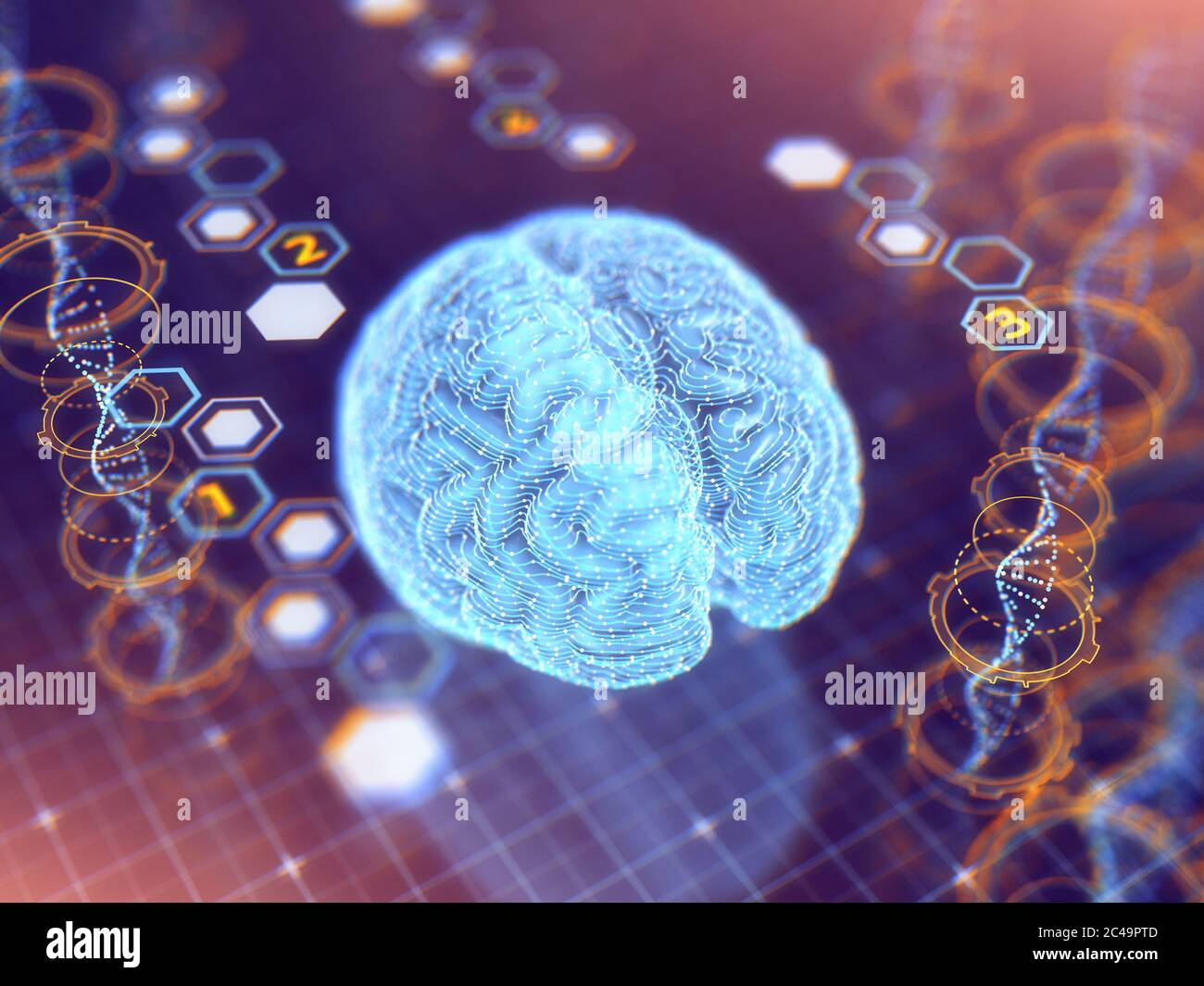 Künstliche Intelligenz Konzept Hintergrund, Neuronales Netzwerk modelliert auf menschliches Gehirn mit Deep-Learning-Algorithmen für die Datenanalyse, Abstract AI Stockfoto