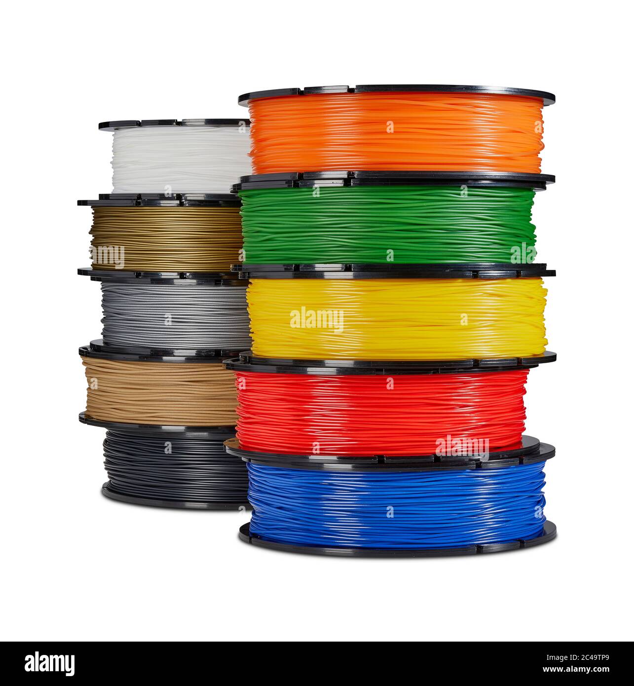 Mehrfarbige 3D-Drucker-Filamente in einer Reihe auf weißem Hintergrund Stockfoto