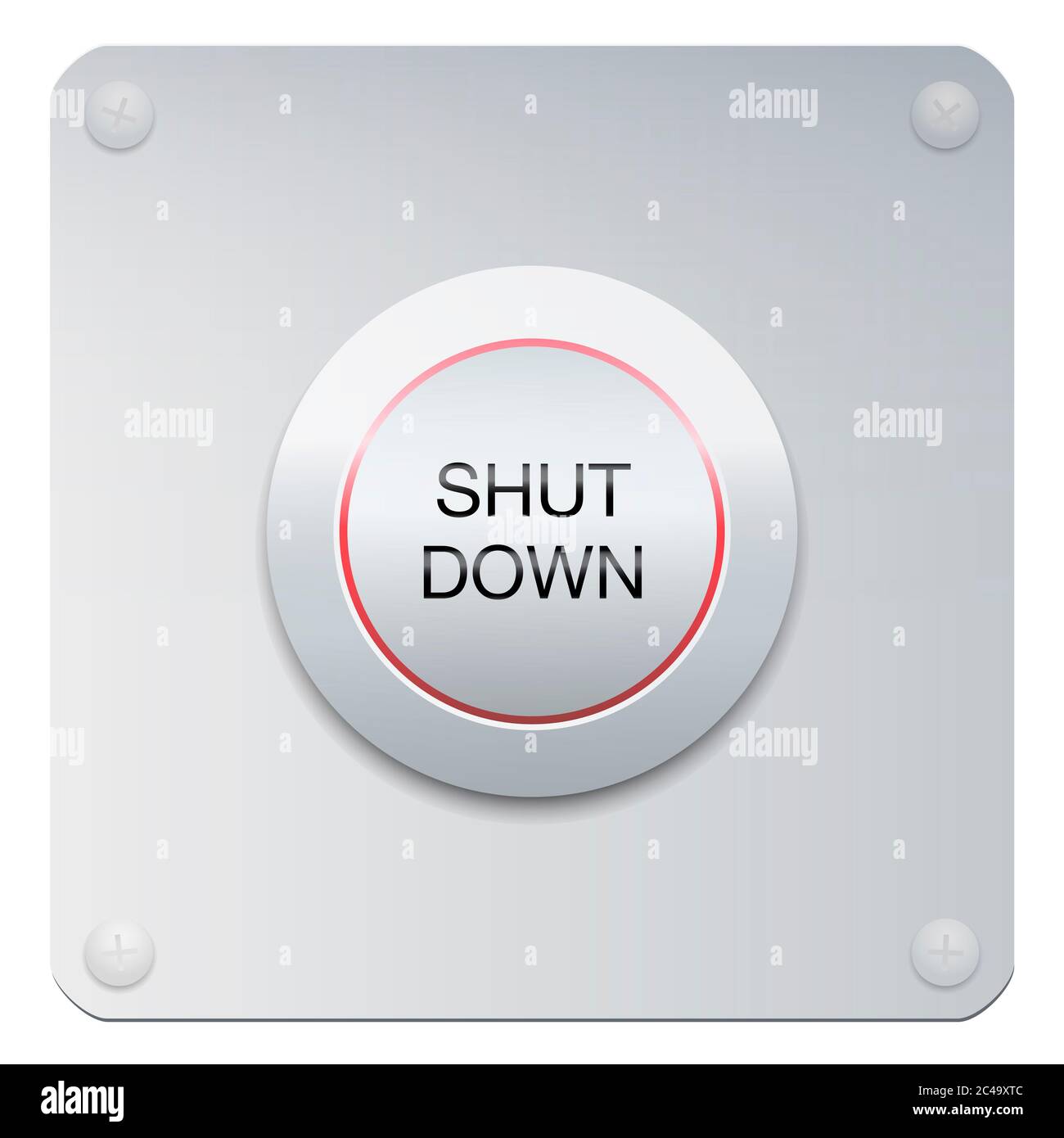 Shut down-Taste auf einem Chrom-Panel, um Maschinen oder Instrumente zu stoppen, sondern auch ein Unternehmen, die Gesellschaft, Menschen oder die ganze Welt. Stockfoto