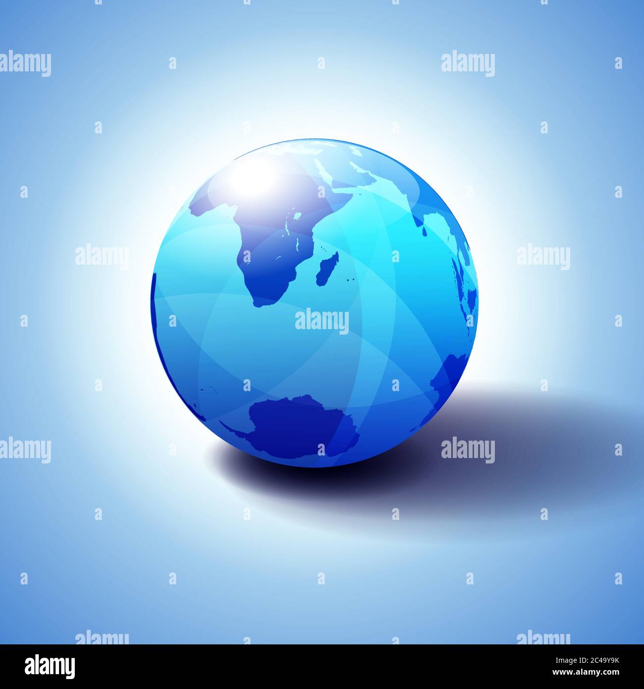 Südafrika, Madagaskar und der Südpol, Globe Icon 3D-Illustration, glänzende, glänzende Kugel mit Global Map in Subtle Blues, die ein transparentes fe gibt Stock Vektor