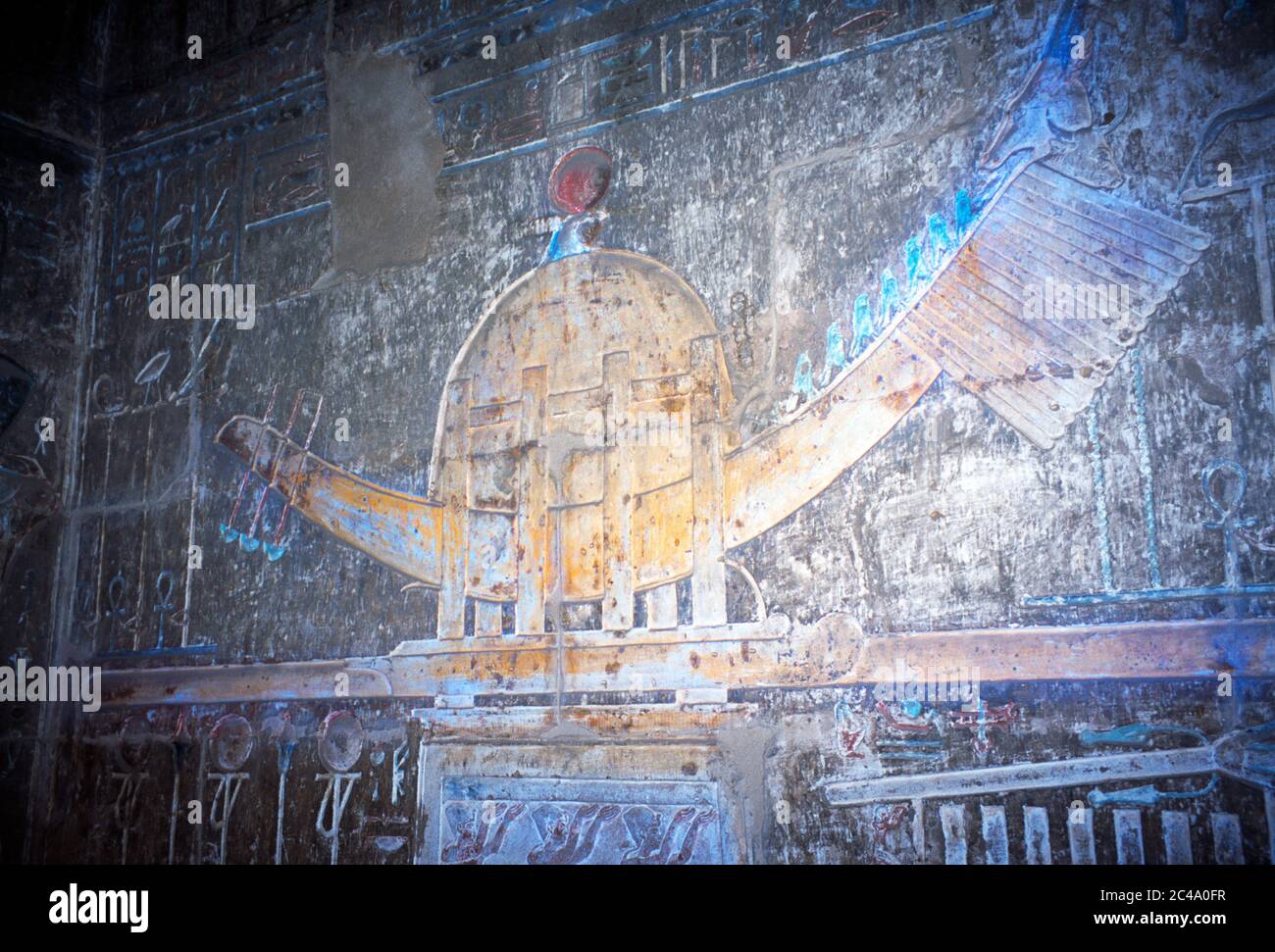 Luxor Ägypten Deir El Medina & Ptolemäus IV Tempel Wandbild des Heiligen Boot von Horus Stockfoto
