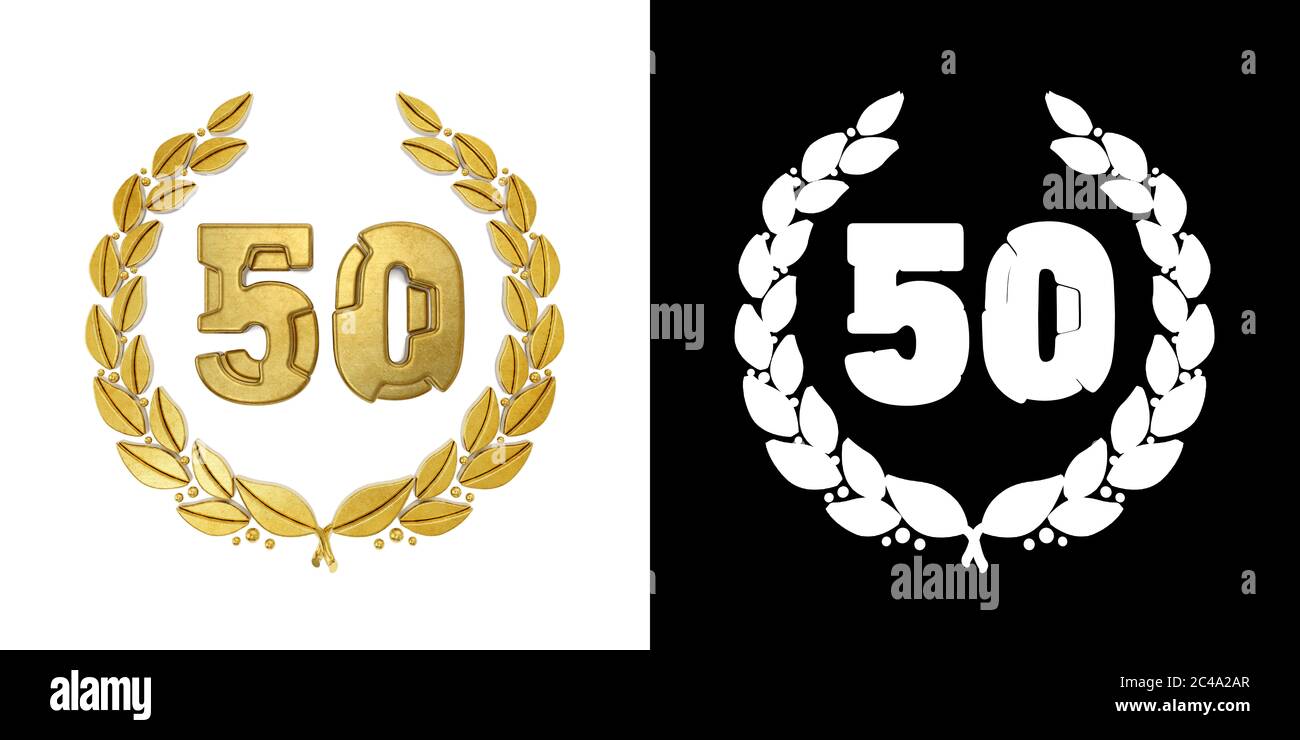 Goldene Zahl 50 (Zahl fünfzig) mit Lorbeerbast mit Alphakanal. 3D-Illustration Stockfoto