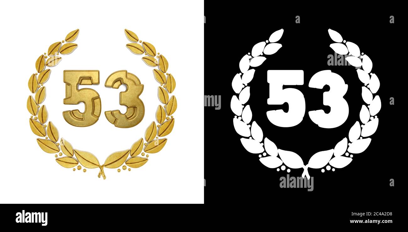 Goldene Zahl 53 (Zahl dreiundfünfzig) mit Lorbeerzweig mit Alphakanal. 3D-Illustration Stockfoto