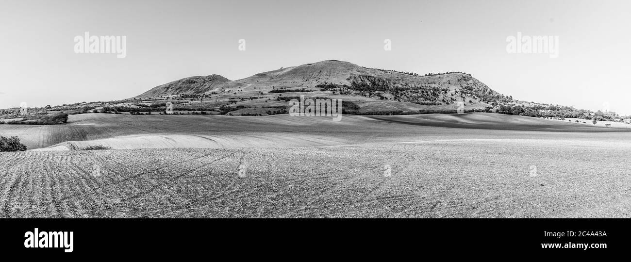 Rana Berg bei Louny in Mittelböhmischen Hochland an sonnigen Sommertag, Tschechische Republik. Panoramablick. Schwarzweiß-Bild. Stockfoto