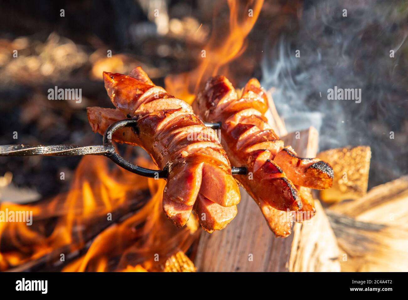 Gebratene Würste auf einem Stock über dem offenen Lagerfeuer. Zubereitung von Speisen im Freien. Stockfoto