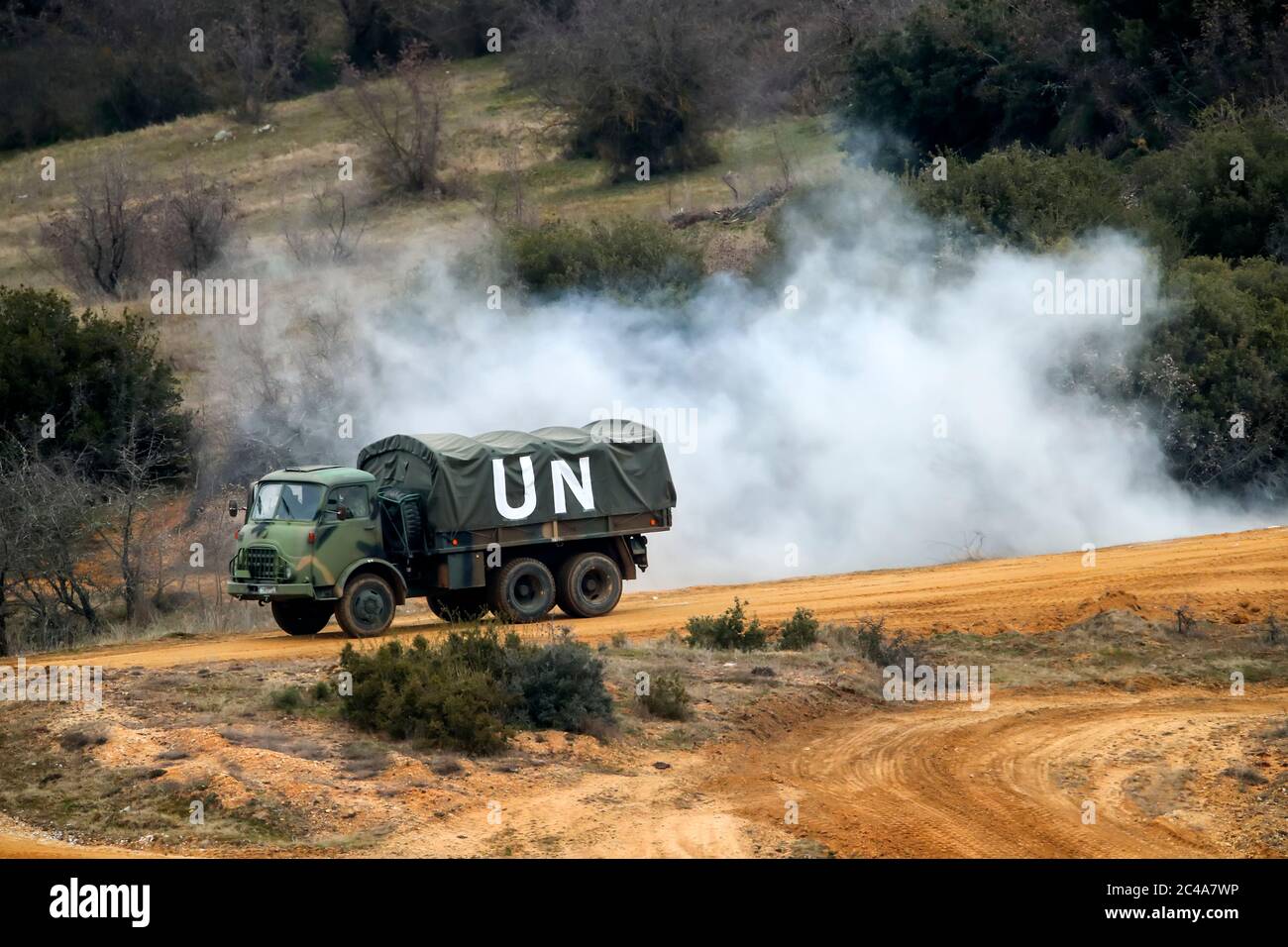 Askos, Griechenland - 14. Feb 2020: Militärfahrzeuge nehmen an einer internationalen Militärübung mit echtem Feuer (Goldenes Vlies -20) zwischen Griechisch, USA Teil Stockfoto