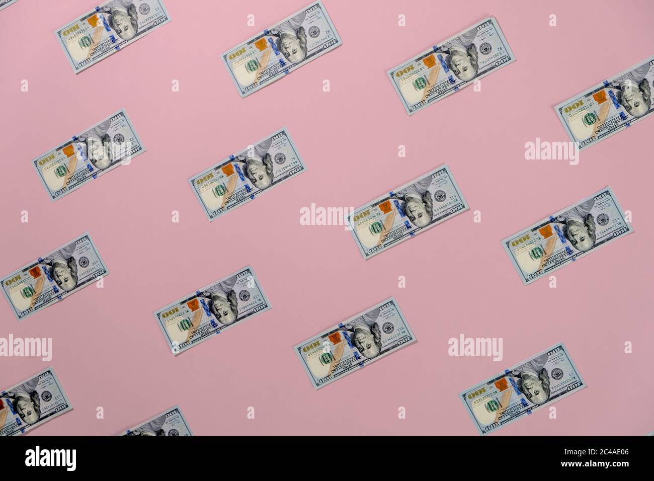 Dollar-Hintergrund. Nahtlose Muster. Dollar auf dem rosa Hintergrund. Draufsicht Währung Stockfoto