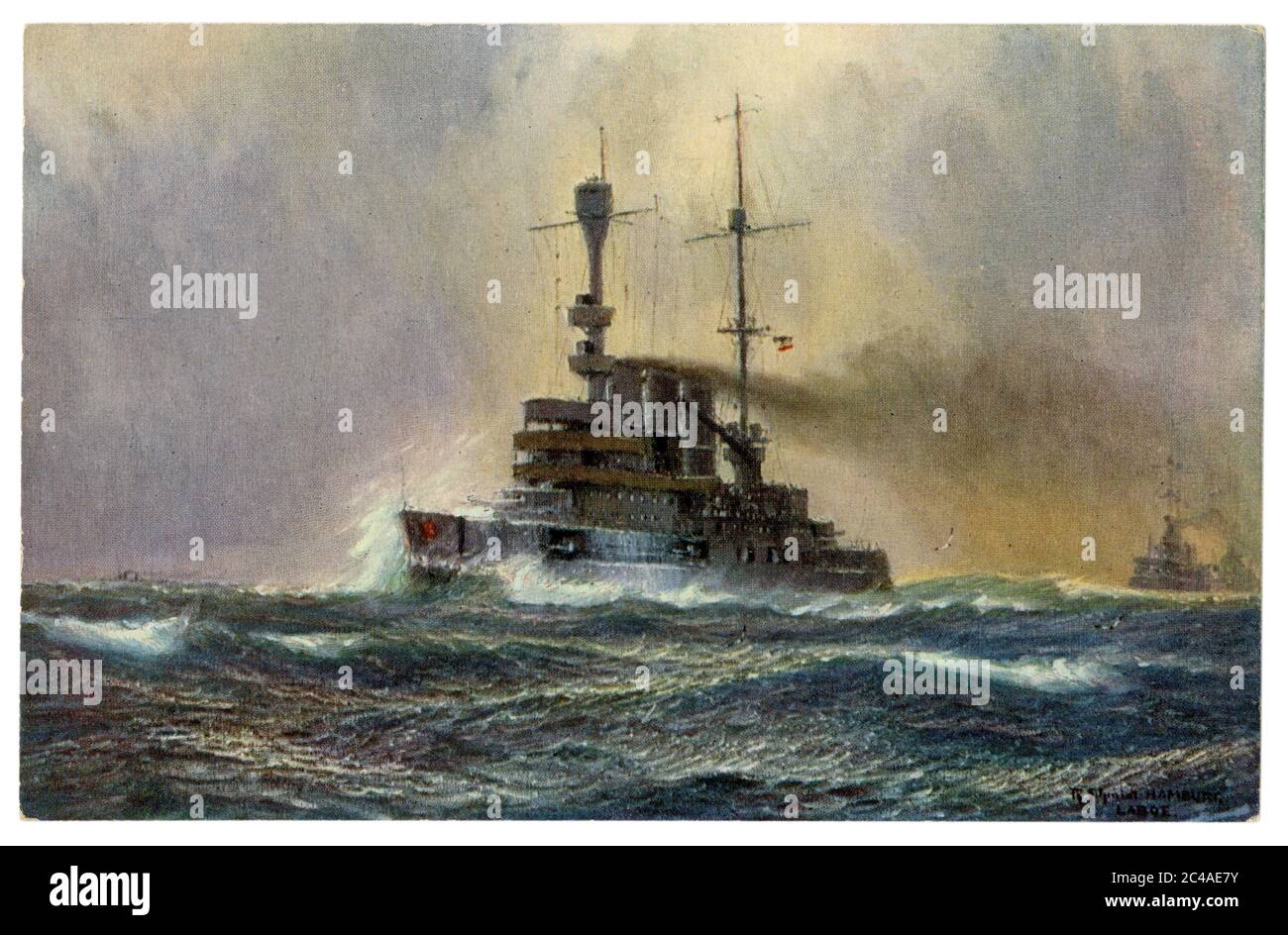 Deutsche historische Postkarte: Deutschland-Klasse Schlachtschiffe Flaggschiff SMS Schleswig-Holstein(1906), Kaiserliche Deutsche Marine, 1. Weltkrieg 1914-1918 Stockfoto