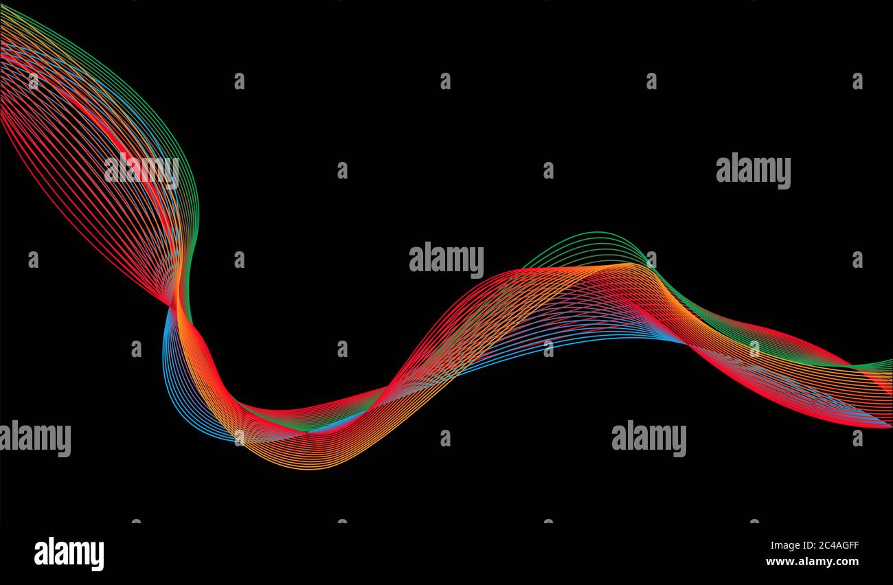 Abstrakter Wellenhintergrund, abstrakter farbenfroher Hintergrund auf schwarzem, optischer Kunstdarstellung. Stockfoto