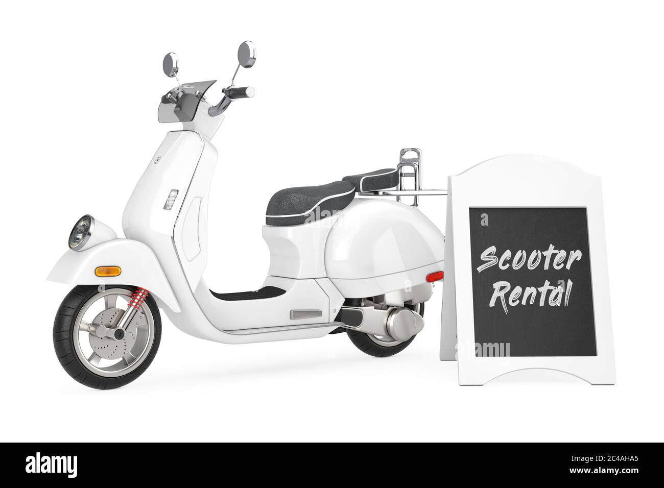 Outdoor Blackboard Bike Rental Display in der Nähe von White Classic Vintage Retro oder Elektro-Scooter auf weißem Hintergrund 3d-Rendering Stockfoto