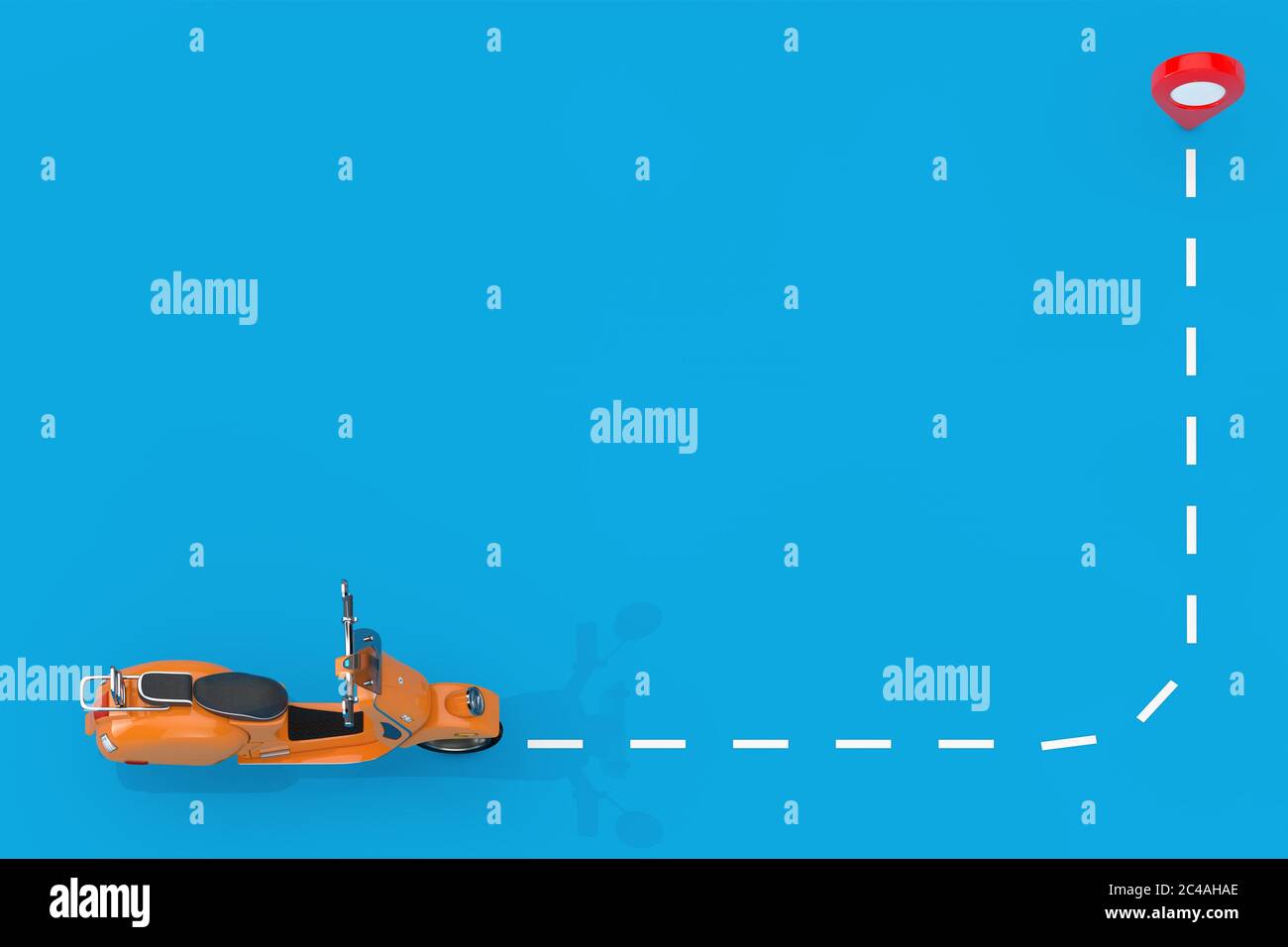 Orange Classic Vintage Retro oder Elektro-Scooter Folgen Sie der Karte Zeiger Pin auf einem blauen Hintergrund. 3d-Rendering Stockfoto