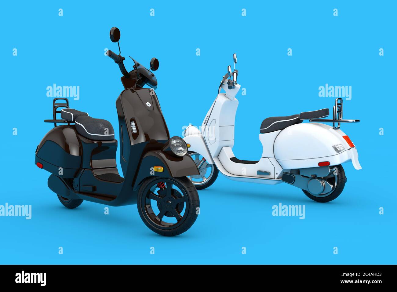 Schwarz und Weiß Classic Vintage Retro oder Elektro-Scooter auf einem blauen Hintergrund 3d Rendering Stockfoto