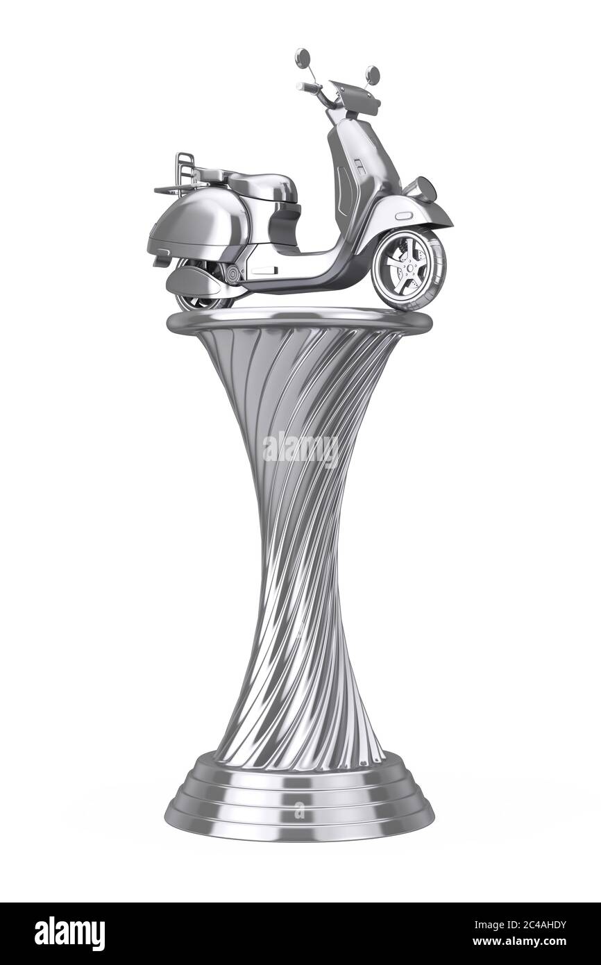Silver Award Trophy Classic Vintage Retro oder Elektroroller auf weißem Hintergrund. 3d-Rendering Stockfoto