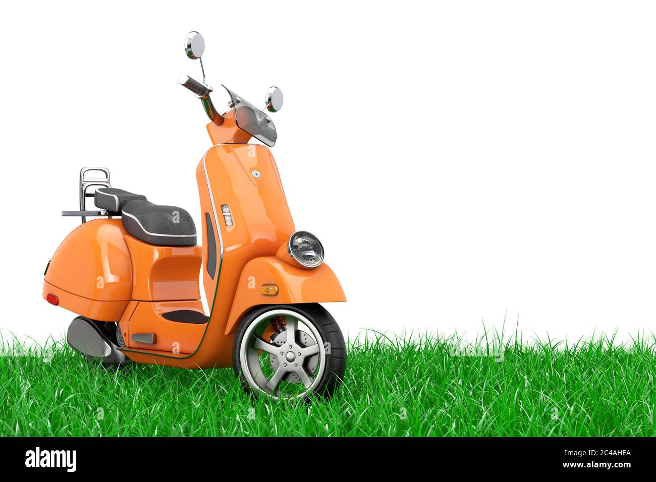 Orange Classic Vintage Retro oder Elektro-Scooter in Grün Gras auf weißem Hintergrund 3d Rendering Stockfoto