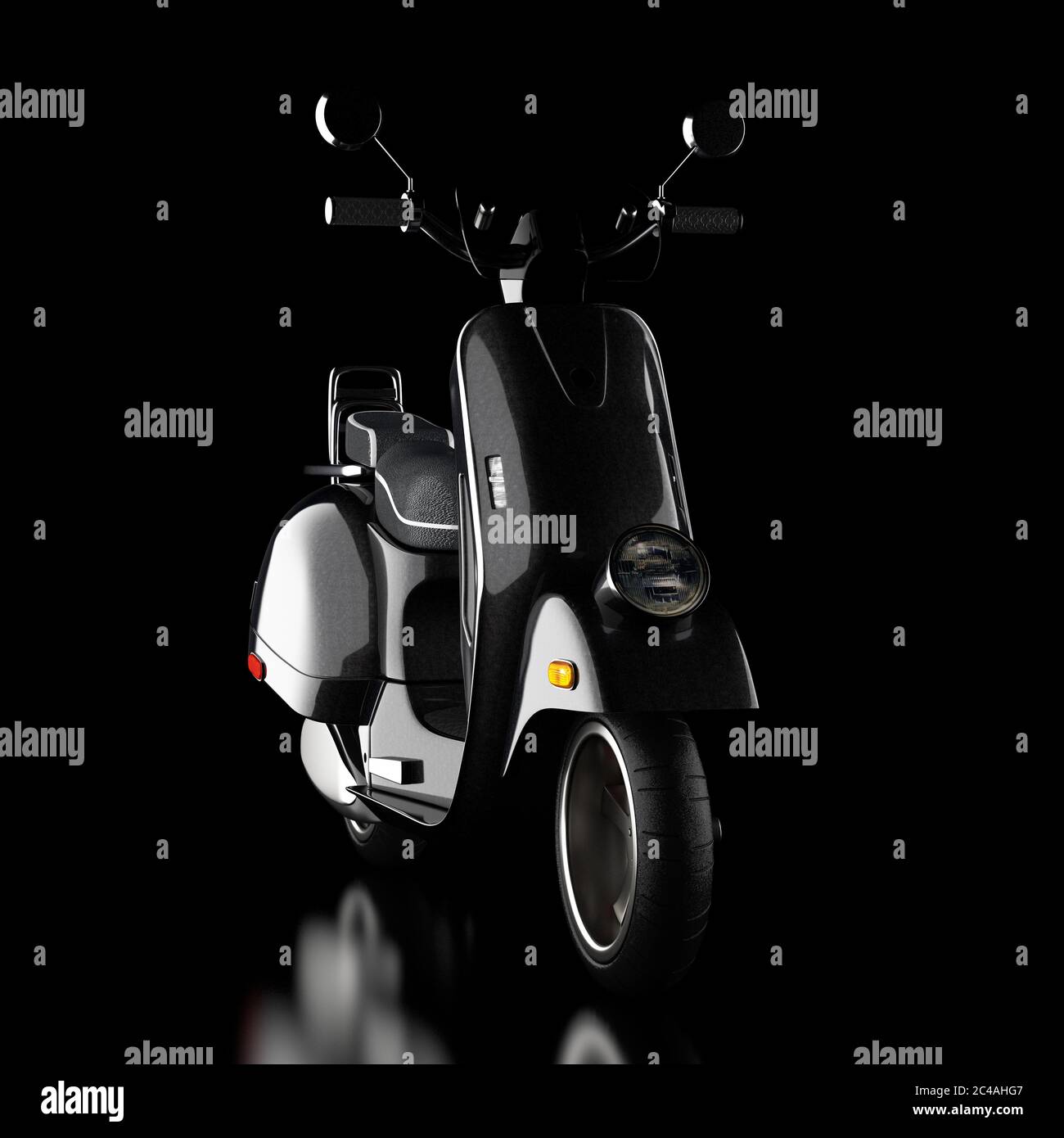 Black Classic Vintage Retro oder Elektro-Scooter auf schwarzem Hintergrund 3d Rendering Stockfoto