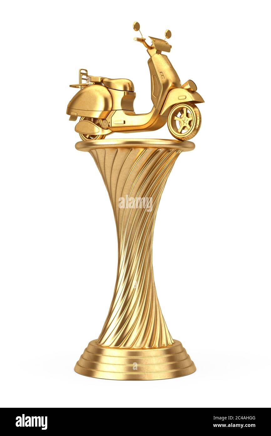 Golden Award Trophy Classic Vintage Retro oder Elektroroller auf weißem Hintergrund. 3d-Rendering Stockfoto